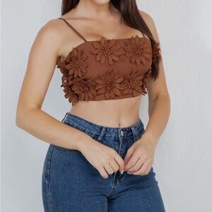 Crochet Embroidered Appliqué Floral Crop Top- BROWN
